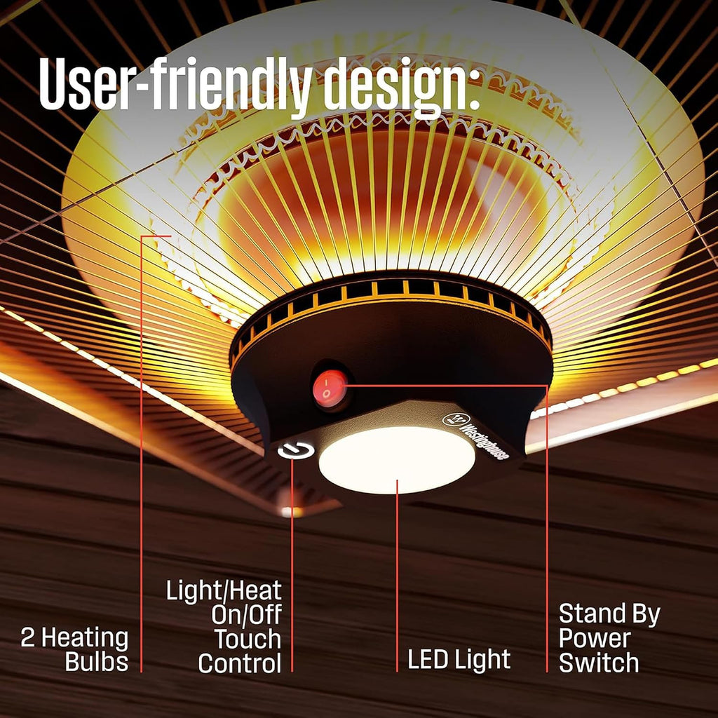 Westinghouse Outdoor Ceiling Patio Heater, Water Resistant, Adjustable Heat Output Up to 1500W, Auto Shut Off Overheat Protection, Hanging Infrared Heater for Patio Cover, Gazebo, Pergola, & More