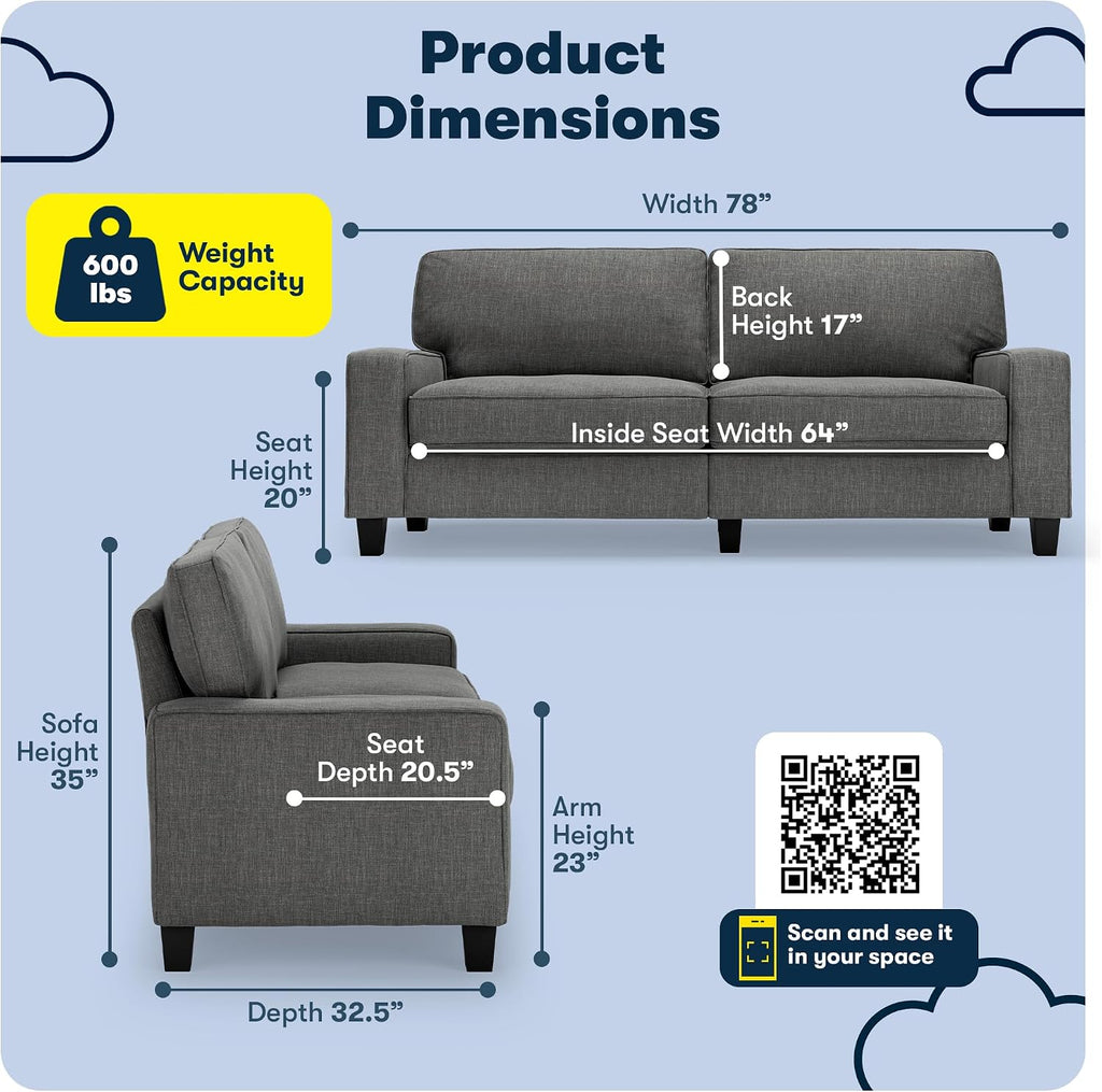 Serta Palisades 78' Track Arm Sofa, Easy Care Polyester, Soft Pillow Back, Pocket Coil Seat Cushions, Removable Covers, Loveseat or Couch for Small Spaces, Living Rooms or Bedrooms, Gray