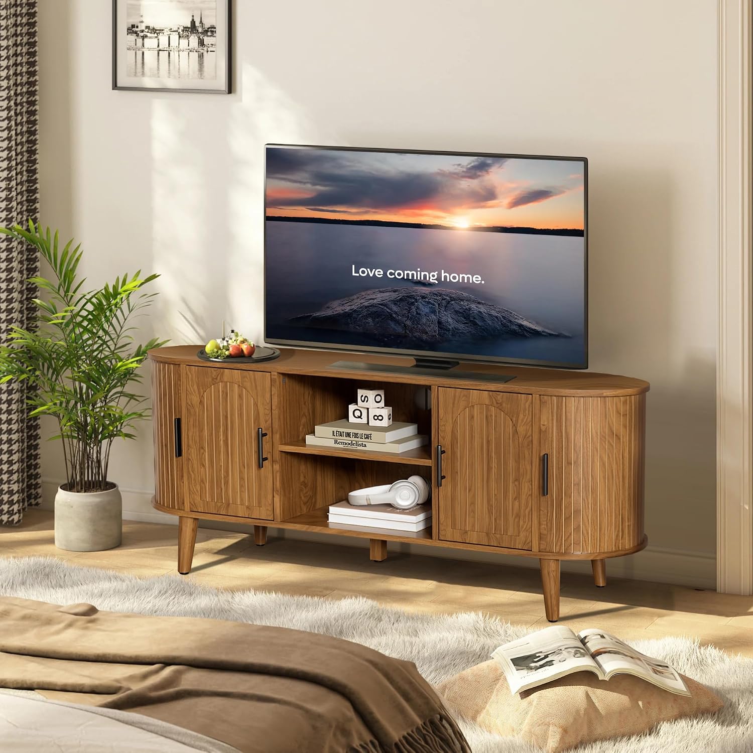 Mxtxmy 51' Fluted TV Stand, Mid-Century Modern Entertainment Center for Tvs up to 60' with Drawers and Fluted Doors, Curved TV Media Console Table with Sliding Doors for Living Room, Bedroom (51')