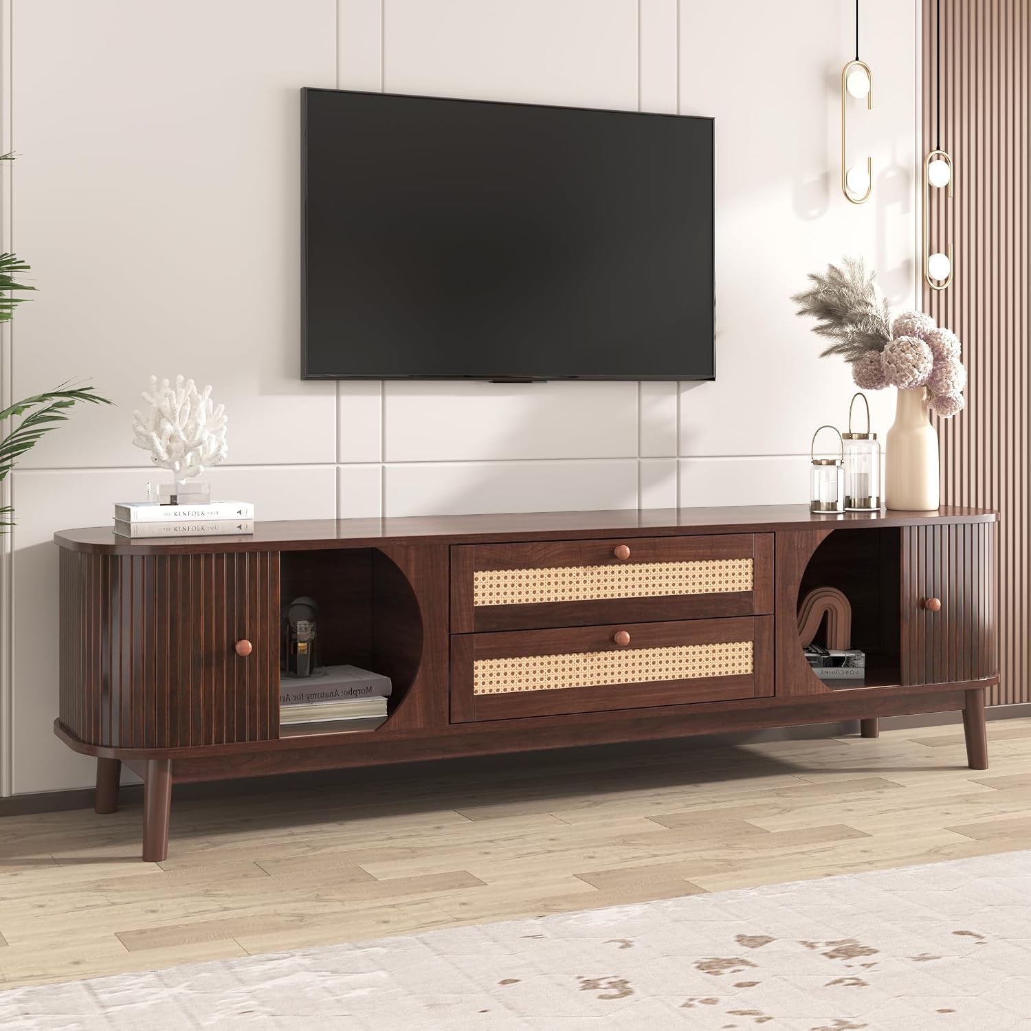 Merax Modern Fluted TV Stand for 75' TVs, Mid-Century Entertainment Center Tambour Door Media Console TV Cabinet with Rattan-Front Drawer for Living Room, Curved Profile Design