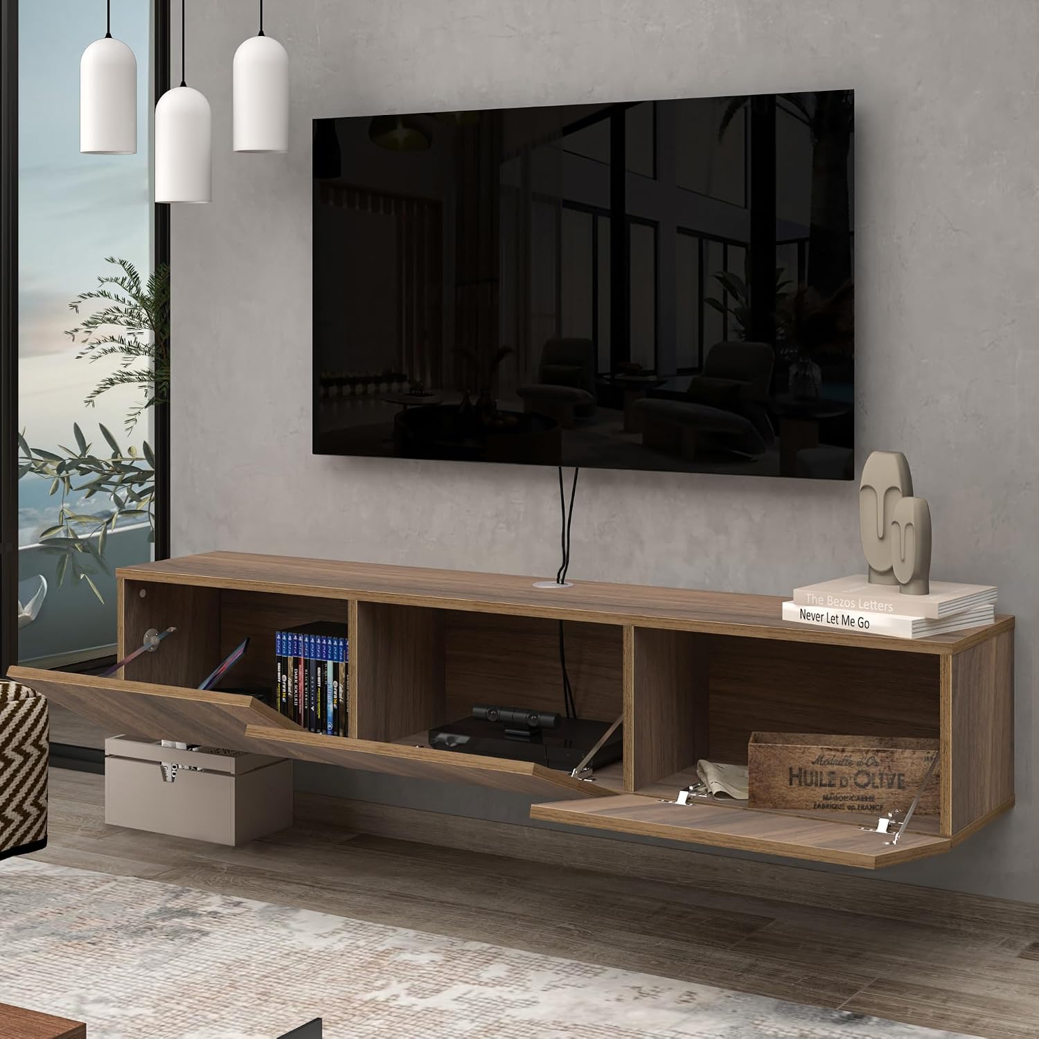 Atelier Mobili Walnut Floating TV Stand for 75 inch TV, Floating Media Console, Floating Entertainment Center, Wall Mounted TV Stand