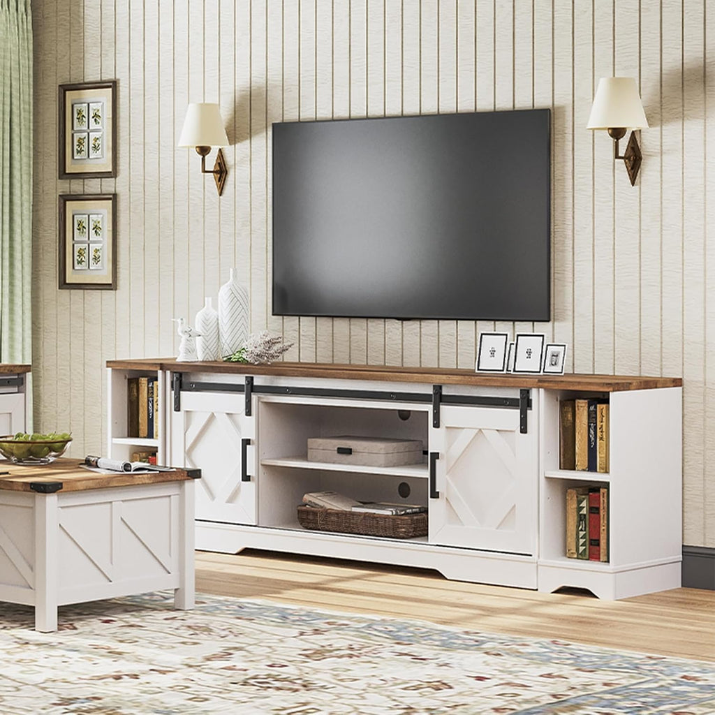 WAMPAT 3-in-1 Modern Farmhouse TV Stand for up to 95' TV, 25.6' H Wood Entertainment Center with Sliding Barn Door and Adjustable Media Storage Shelf for Living Room, Antique White