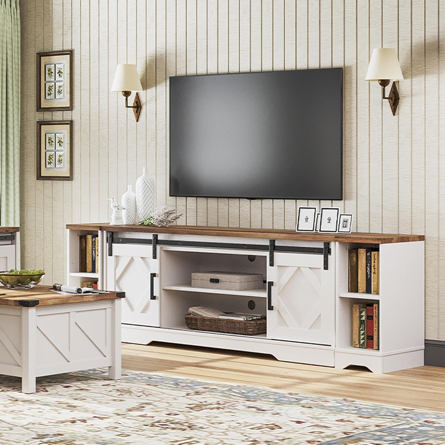 WAMPAT Modern Farmhouse 3 in 1 TV Stand for up to 95' TVs,Wood Media TV Console Table with Storage Cabinets and Sliding Barn Doors,Entertainment Center for Living Room Bedroom,Antique White