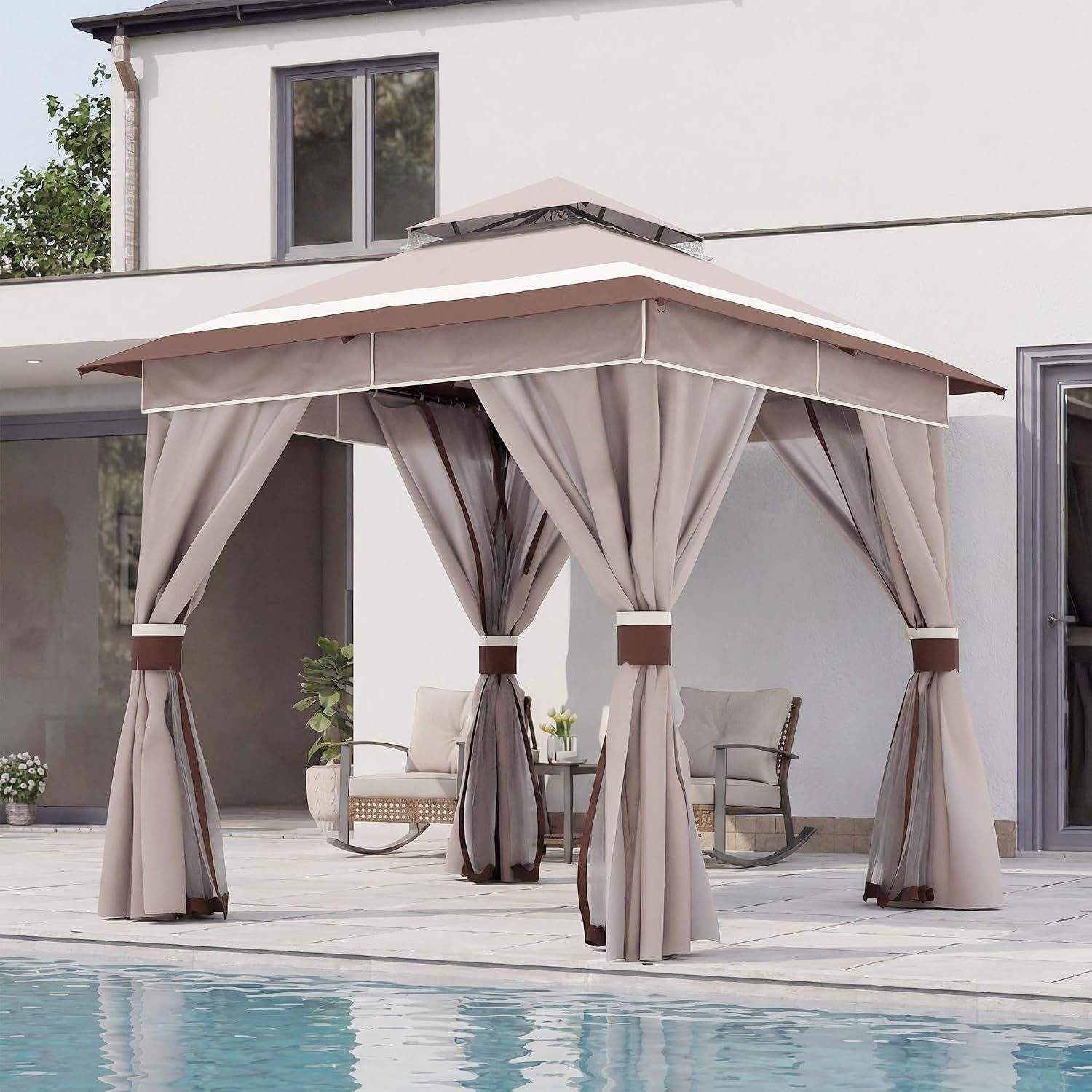 LAUSAINT HOME 8'x8' Outdoor Gazebo, Metal Frame Heavy Duty Patio Canopy Tent Shelter with Double Roofs, Mosquito Nettings and Privacy Screens for Backyard, Garden, Lawn, Classic Khaki