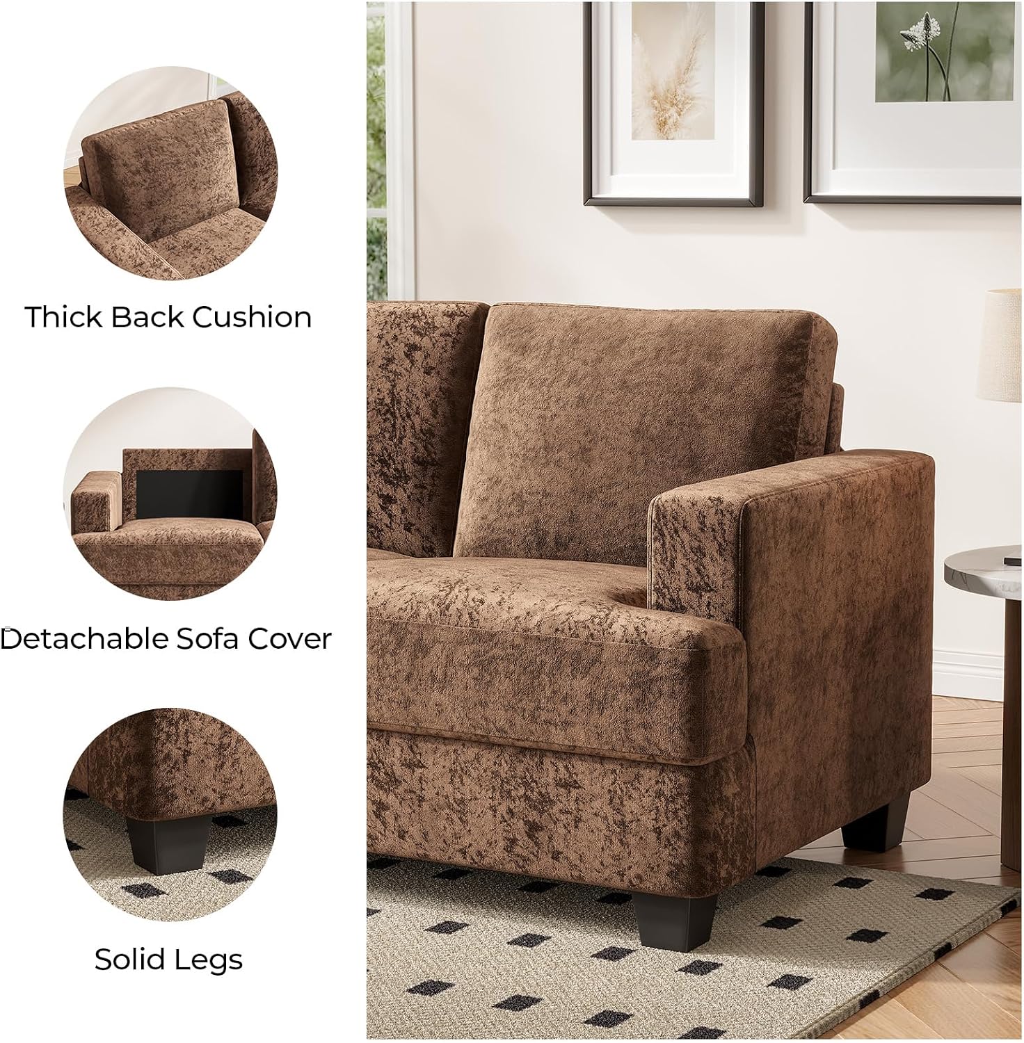 COPIAE 89 Inch Sofa with Extra Deep Seats Oversize,3 Seater Sofa for Living Room, Modern Couch and Sofa, Comfy Armrests and Seats and Backrests, Easy Installation,Chenille Fabric Brown