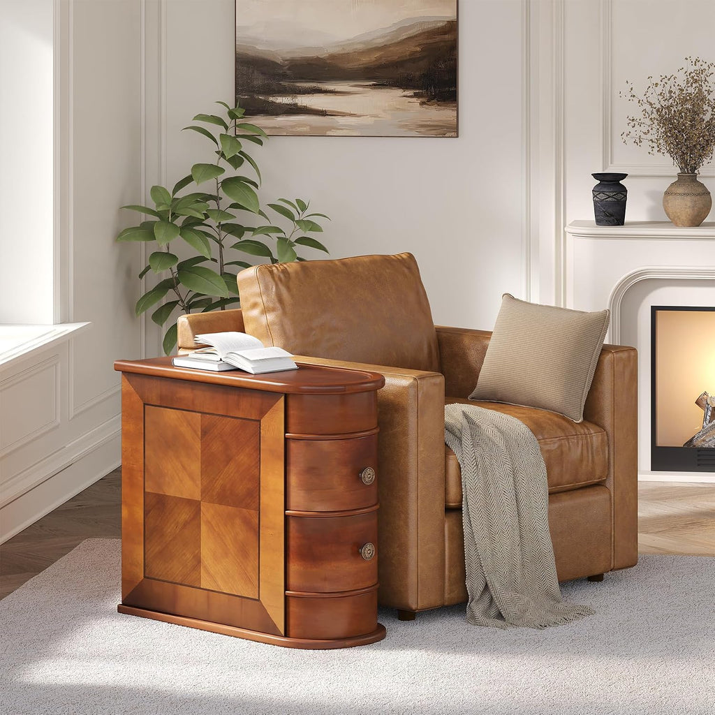 LITTLE TREE End Table Set of 2, No Assembly Required Wood End Table with 2 Drawers, Sofa Side Table for Living Room, Vintage Slim Nightstand Bedside Table for Bedroom