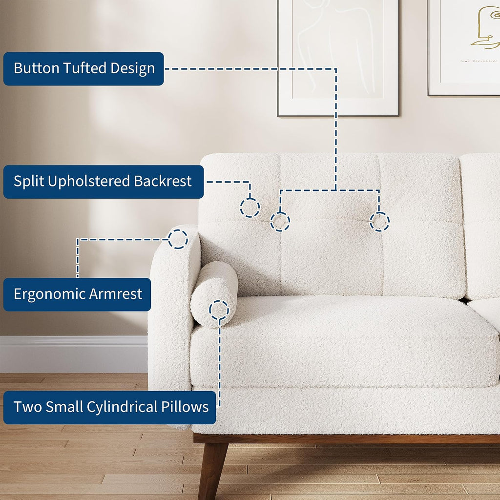 IDEALHOUSE 65' Mid Century Modern Couch Sofa Loveseat, Comfy Love Seat Couches for Living Room, 2 Seater Teddy Fleece Boucle Upholstered Deep Seat Couch for Bedroom Office Small Space, White