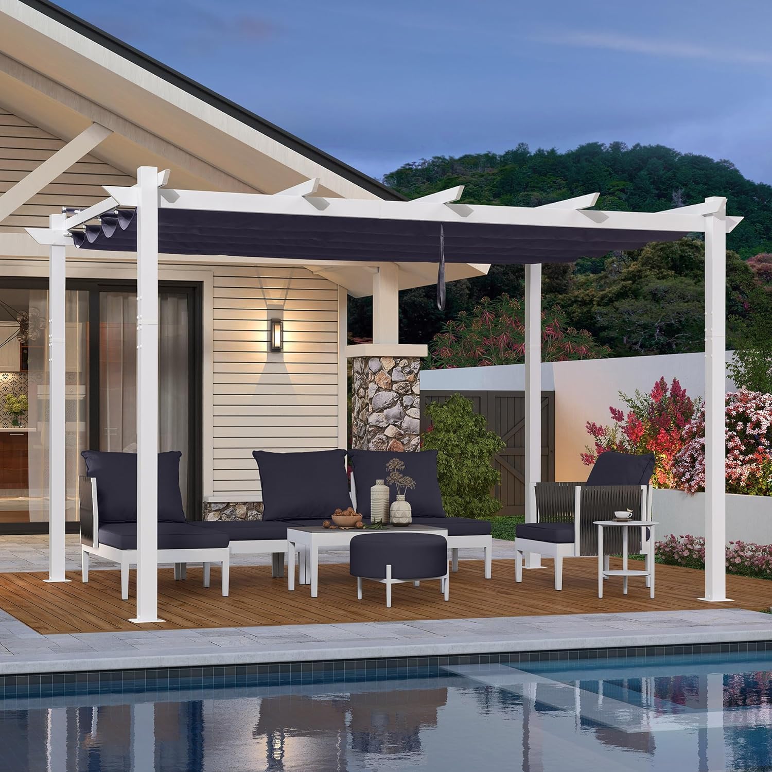 PURPLE LEAF 10' x 13' Patio Retractable Pergola Outdoor White Heavy-Duty Aluminum Pergola Metal with Double Sun Shade Canopy for Backyard Gardens Deck, Navy Blue