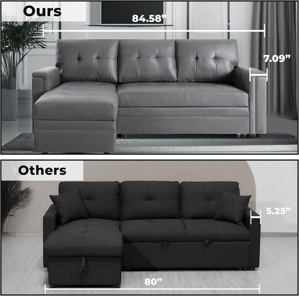 Naomi Home L-Shaped Sectional Sleeper Sofa with USB Ports - Convertible Pull-Out Bed, Ample Storage, Timeless Design, Durable Construction Gray/Air Leather