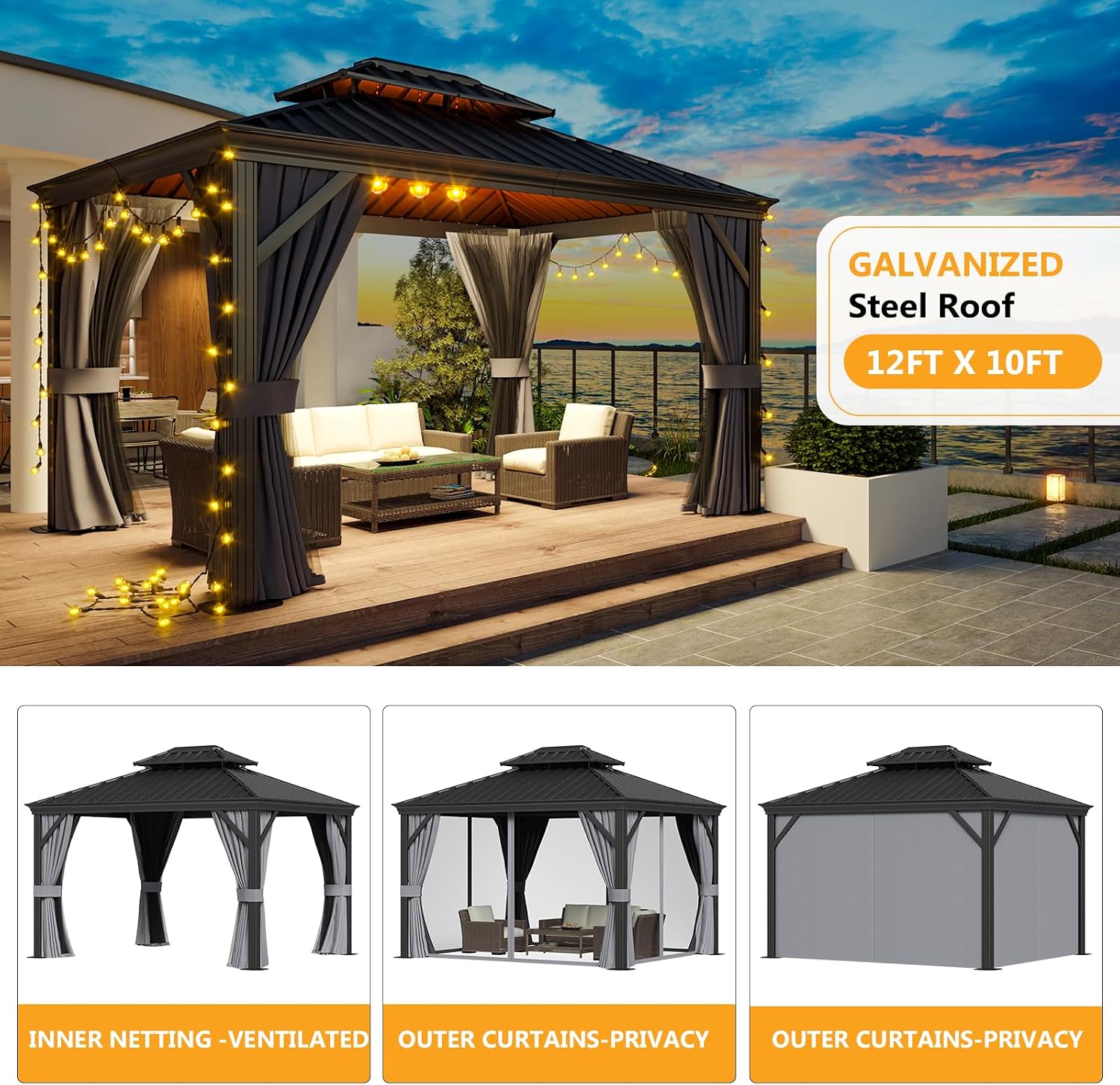 10' x 12' Permanent, Galvanized Steel Double Top, Hardtop Aluminum Frame Gazebo, Outdoor Metal Gazebo with Curtains and Netting, for Decks, Lawns, Parties, Parties