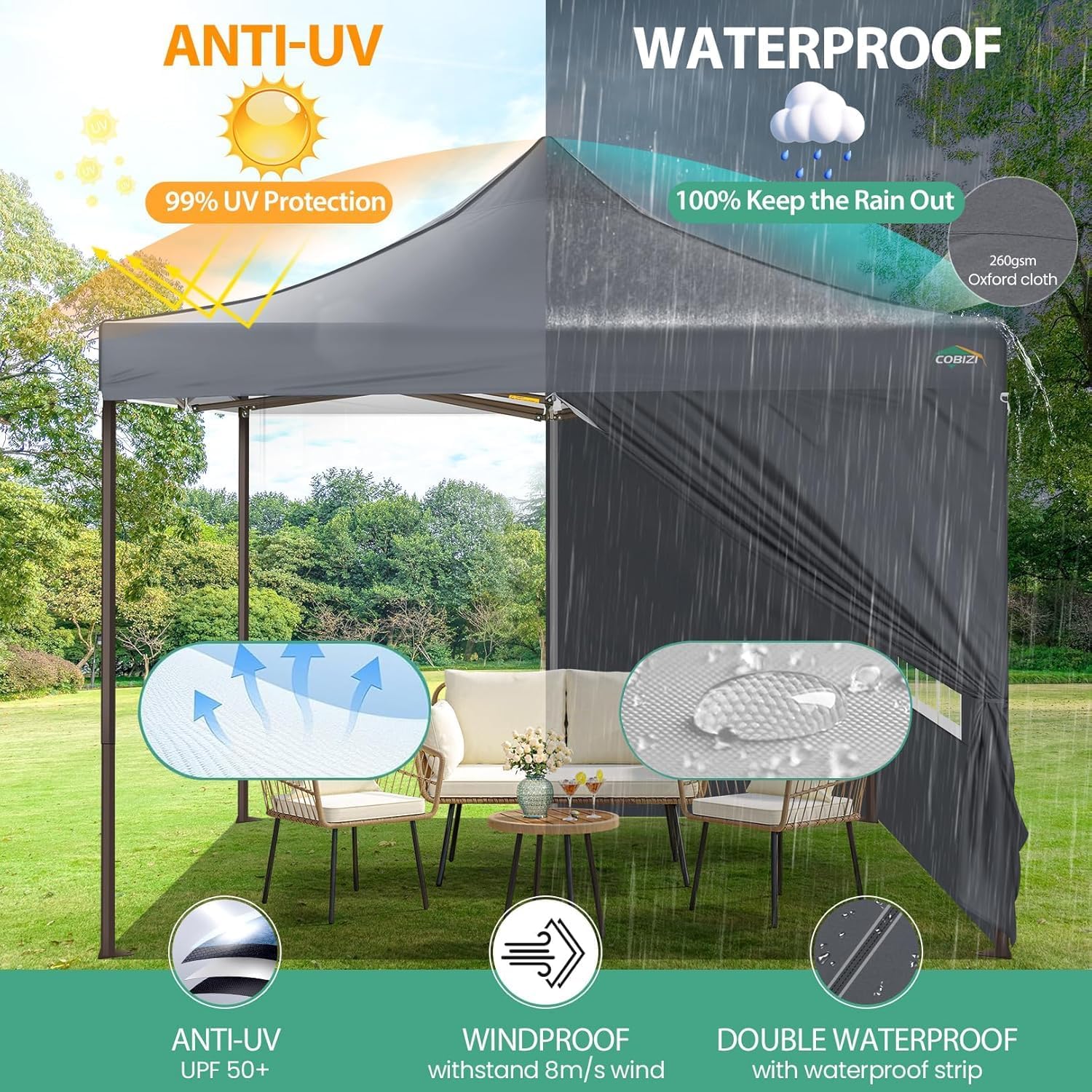COBIZI 10x10 Pop Up Canopy Tent Heavy Duty with 4 Sidewalls, Commercial Easy Up Instant Canopy Outdoor for Events Party Wedding, All Weather Waterproof UV 50+ with Carry Bag (Leg Upgraded), Gray