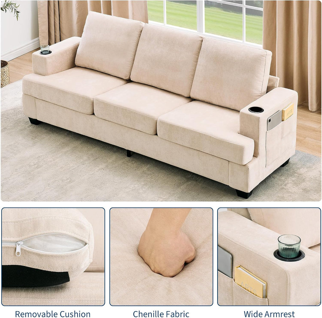 GAOMON 89' Chenille 3-Seater Sofa with Cup Holders and Side Storage Pockets, Modern Sofa for Living Room, Deep Seat Couches for Apartment Lounge, Beige