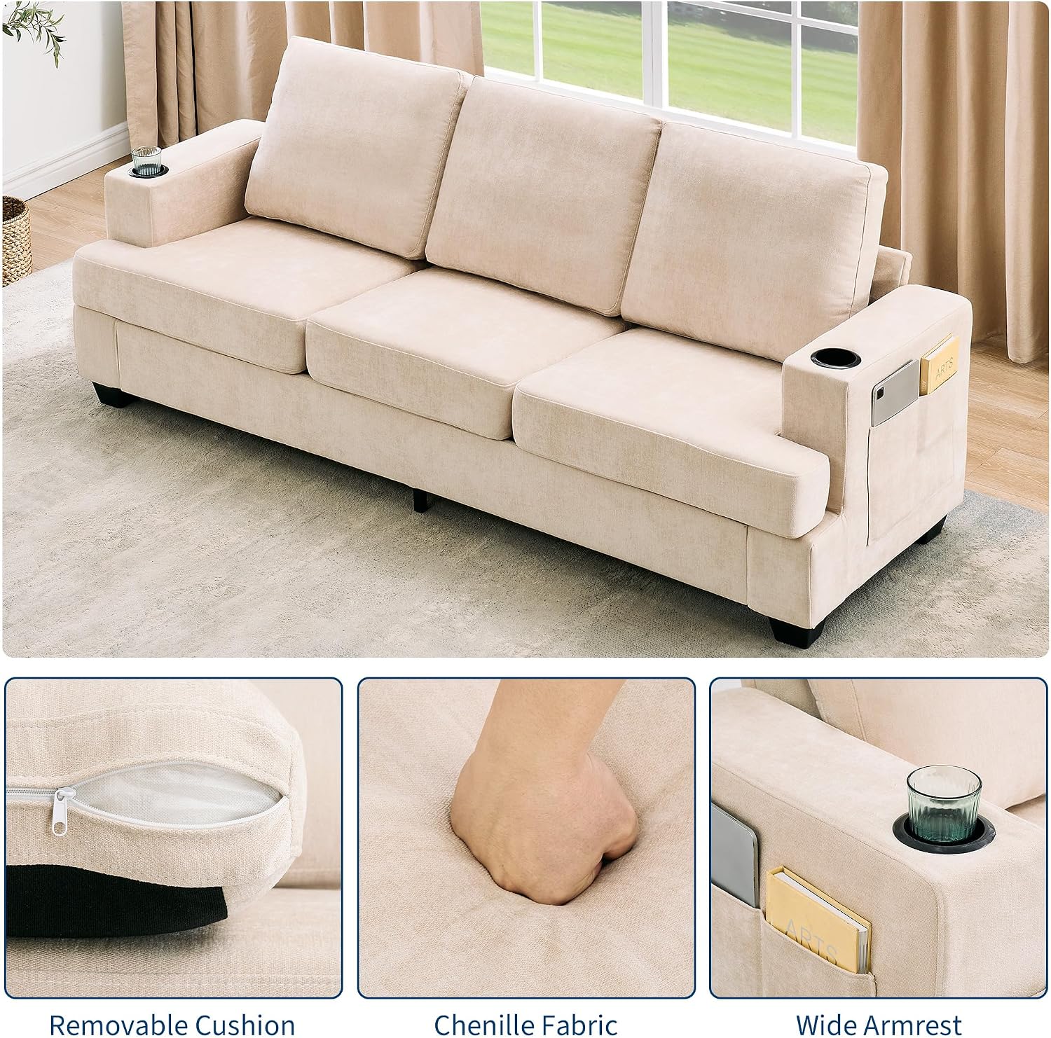 GAOMON 89' Chenille 3-Seater Sofa with Cup Holders and Side Storage Pockets, Modern Sofa for Living Room, Deep Seat Couches for Apartment Lounge, Beige