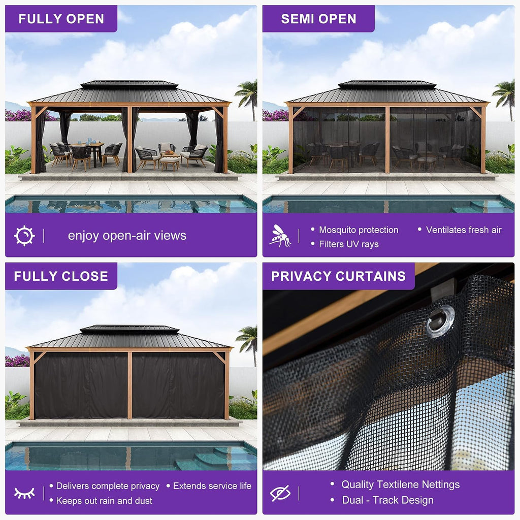 PURPLE LEAF 12' X 24' Outdoor Hardtop Gazebo for Patio Galvanized Steel Double Roof Permanent Canopy Teak Finish Coated Aluminum Frame Pavilion Gazebo with Netting and Black Curtains