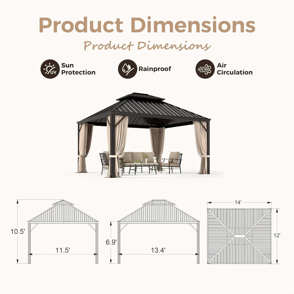 MIXPATIO 12' x 16' Hardtop Gazebo, Galvanized Steel Metal Double Roof Gazebo, Permanent Outdoor Metal Pavilion with Curtain and Netting for Deck, Backyard, Patio, Lawns