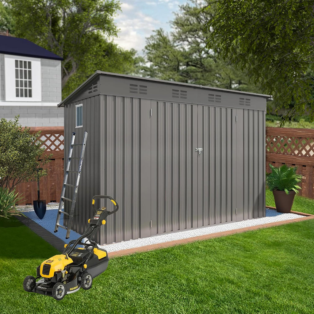 4 x 9 FT Outdoor Storage Shed, Lean-to Metal Storage Shed for Backyard Patio Garage,Sloped Roof Corner Fit, Center Sliding Double Doors, 6 Vents, Galvanized Steel Tool House, Weather-Resistant Gray