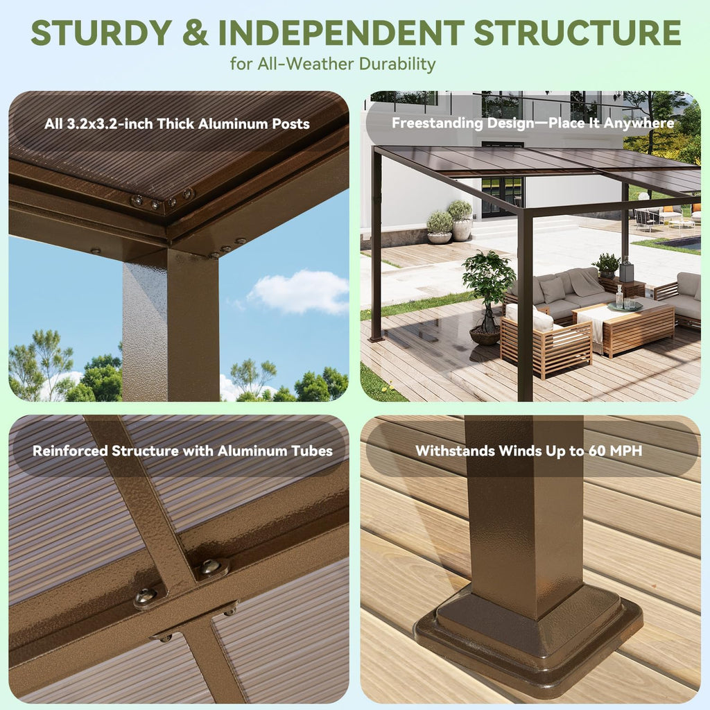 MELLCOM 12x20 Gazebo with Adjustable Polycarbonate Roofs, All Aluminum Frame Permanent Pergola for Patio, Outdoor Freestanding Shelter, Dark Brown