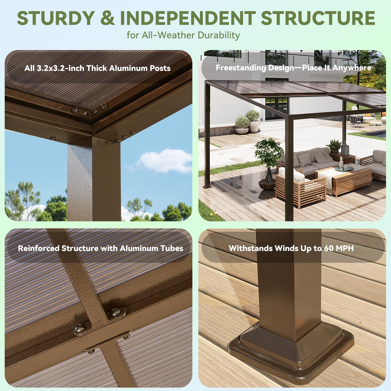 MELLCOM 12x20 Gazebo with Adjustable Polycarbonate Roofs, All Aluminum Frame Permanent Pergola for Patio, Outdoor Freestanding Shelter, Dark Brown