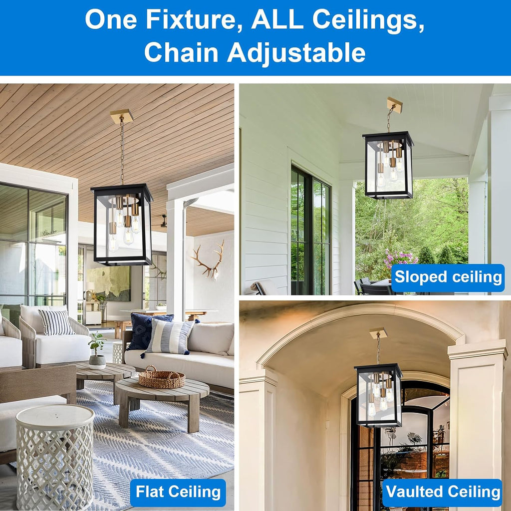 16.7'' Large Outdoor Pendant Light, 4-Lights Black and Brushed Brass Exterior Hanging Porch Chandelier Lantern with Clear Glass, Outdoor Ceiling Light Fixture for Entryway Gazebo Patio