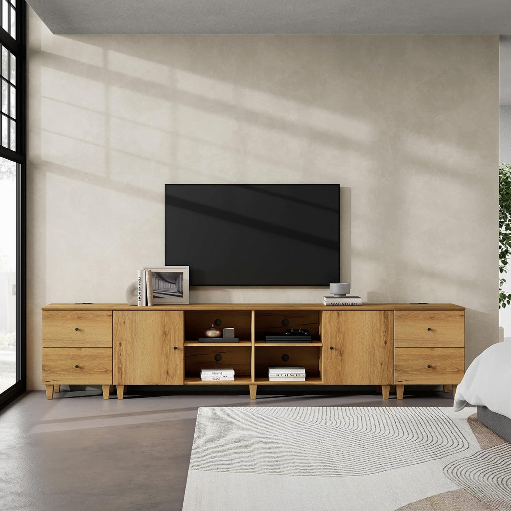 WAMPAT 3-in-1 TV Stand w/Doors&Charging Station, 105' Modern Wood Entertainment Center Media Console for 110+ inch TVs, TV Cabinet w/Shelves&4 Drawers for Living Room, Bedroom, Oak Brown