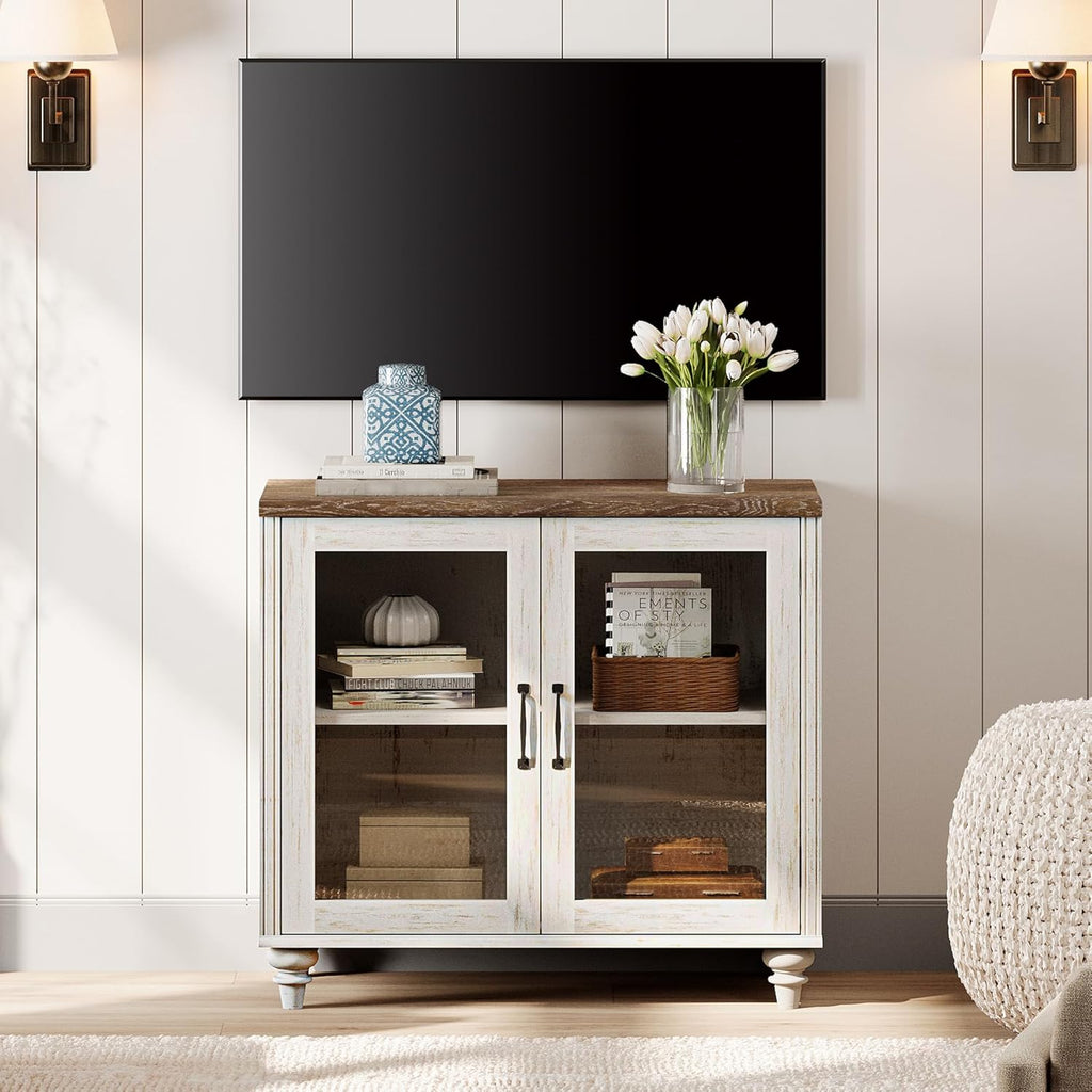 WAMPAT Farmhouse TV Stand for TVs Up to 43 inch, Glass Wood Universal TV Stand with a Large Storage Cabinets, Entertainment Center, TV Console Table for Living Room, Bedroom, Rustic White