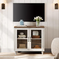 WAMPAT Farmhouse TV Stand for TVs Up to 43 inch, Glass Wood Universal TV Stand with a Large Storage Cabinets, Entertainment Center, TV Console Table for Living Room, Bedroom, Rustic White