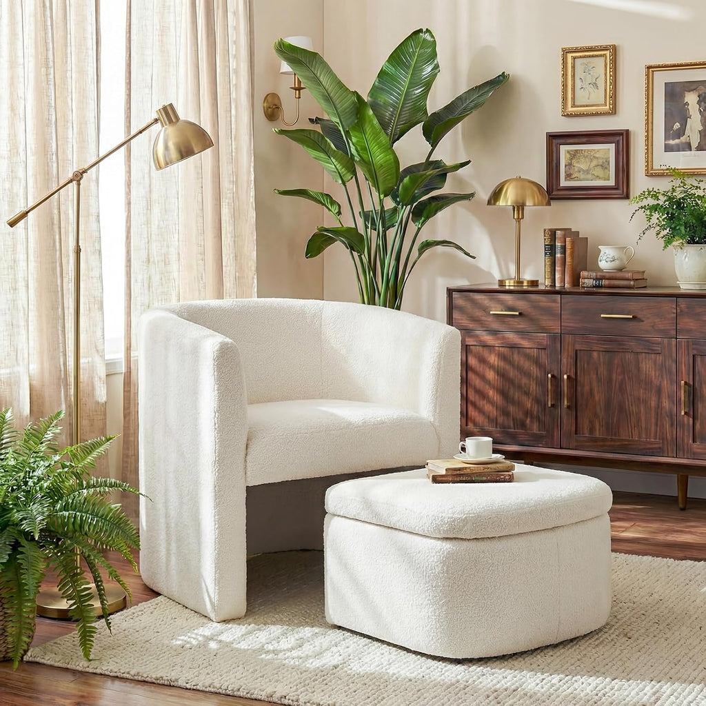COLAMY Morden Velvet Barrel Accent Chair with Storage Ottoman Set of 2, Upholstered Living Room Side Chair, Single Sofa Armchair with Lounge Seat for Bedroom/Office/Reading Spaces, Cream