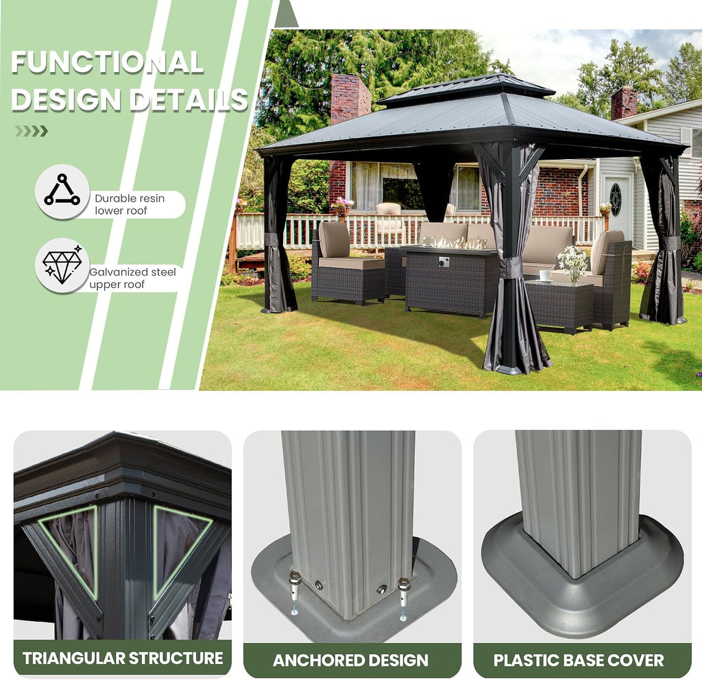 Domi 10' X 14' Hardtop Gazebo, Upgraded Metal Gazebo with Dual-Layer Resin Roof, Drainage System, Curtain and Netting, Outdoor Shelter Canopy for Patio, Garden, and Backyard, Grey