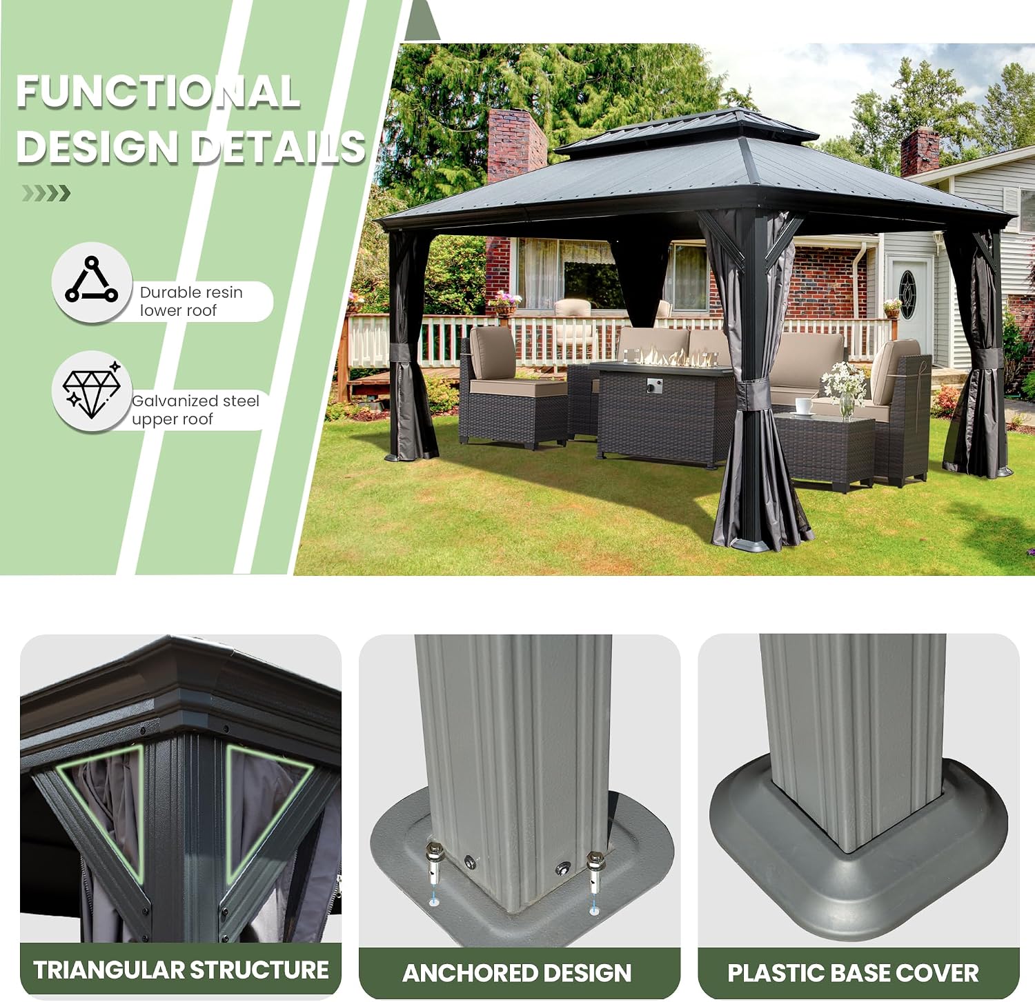 Domi 10' X 14' Hardtop Gazebo, Upgraded Metal Gazebo with Dual-Layer Resin Roof, Drainage System, Curtain and Netting, Outdoor Shelter Canopy for Patio, Garden, and Backyard, Grey