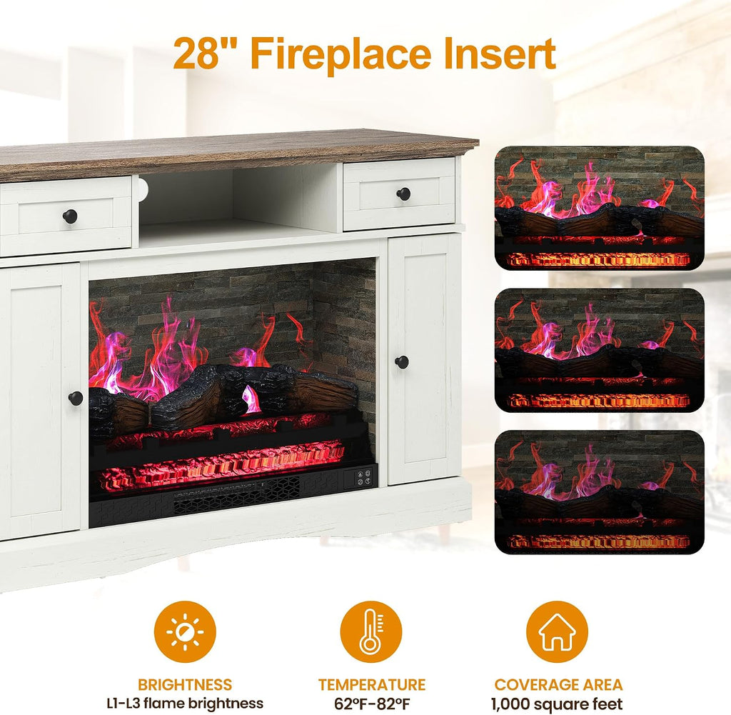 RoyalCraft TV Stand with 28'' Fireplace for TVs up to 55'', Media Console Table with Adjustable Shelves, Double-Door Design, Entertainment Center for Living Room, Bedroom, White