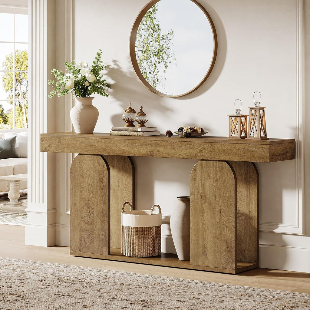 Tribesigns 70.9-Inch Extra Long Sofa Table, Farmhouse Console Tables with Wood Frame and Storage Shelf, 2-Tier Wood Table Behind Couch for Living Room, Hallway, Foyer, Light Brown