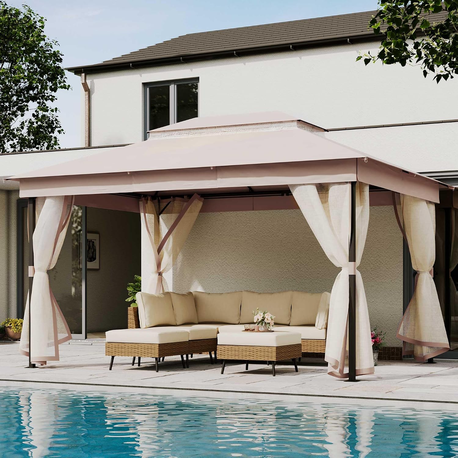 LAUSAINT HOME 10' X 13' Waterproof Patio Gazebo with Mosquito Netting, Double Roof Outdoor Gazebo Pavilion Shelter for Backyard, Garden, Lawn, Wedding (Khaki)