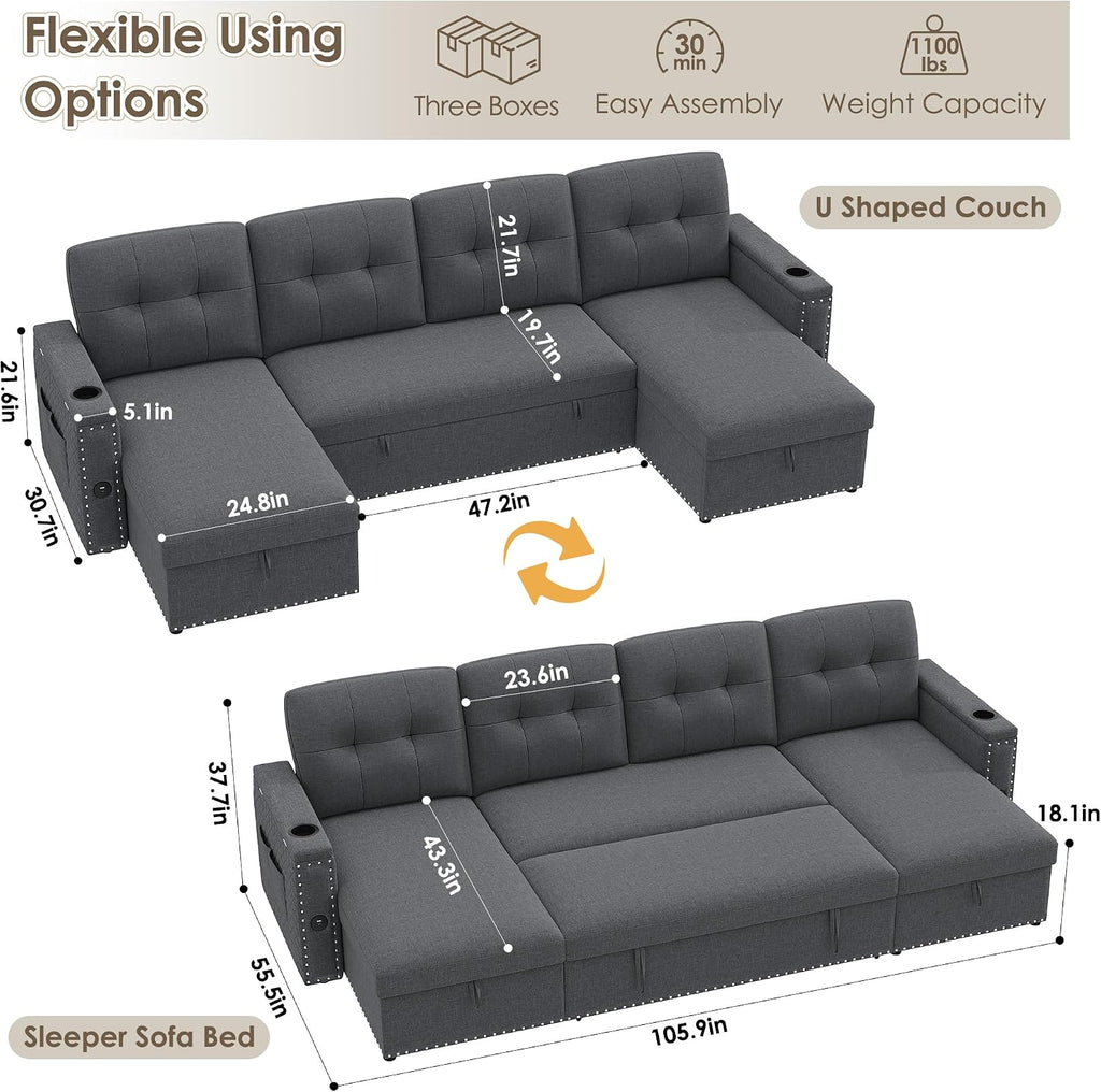 HIFIT 106' Sectional Couches for Living Room- Pull Out Sleeper Sofa Couch w/Storage Chaise,Storage Armrest,LED Light&USB Port&Cupholder, Modern Linen U Shaped Home Sofa Living Room Furniture Set, Grey