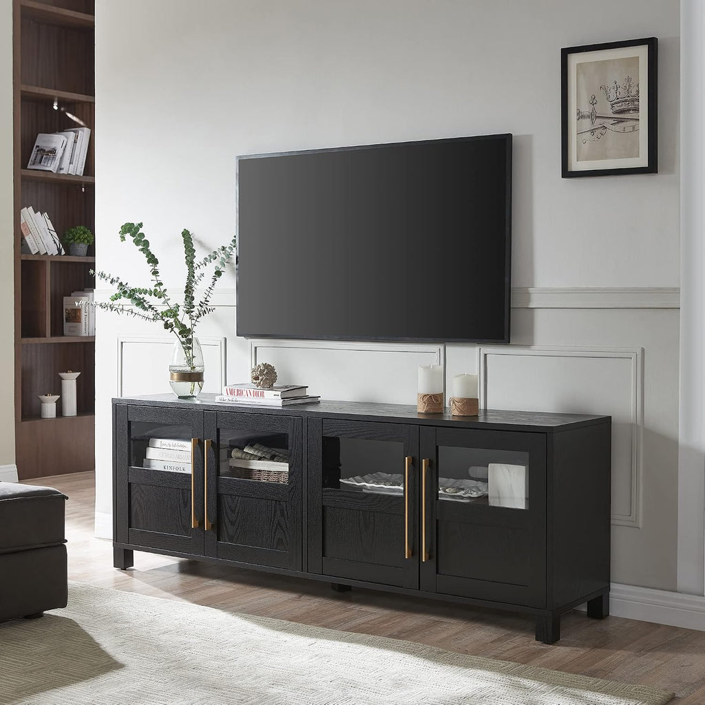 Henn&Hart TV Stand for TVs up to 75' with 2 Glass and Wood Split Panel Display Cabinets for Living Room, Family Room, or Office, Natural Black
