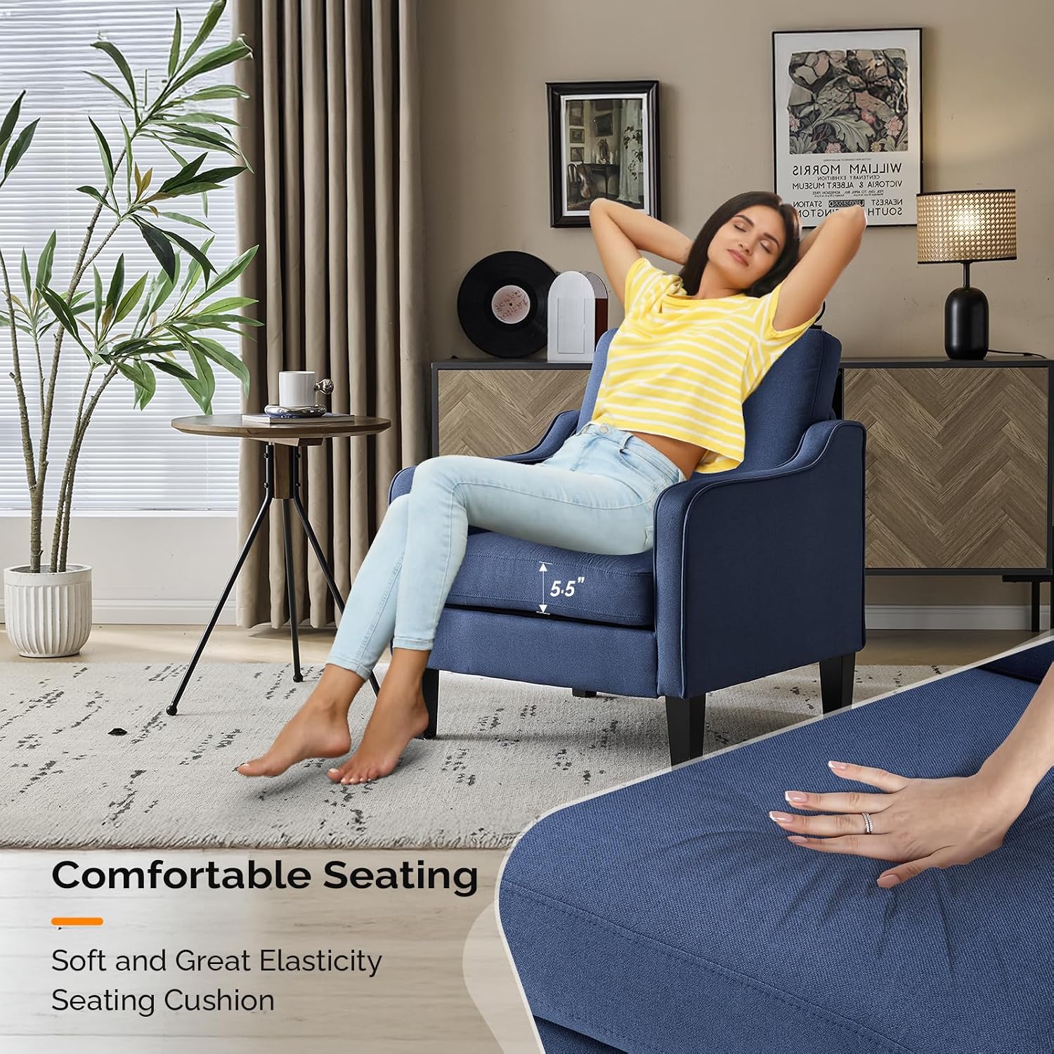 VINGLI Mid century Modern Accent Chair,Navy Blue Fabric Accent Chairs for Living Room Upholstered Armchair with Scooped Arms for Bedroom,Apartment,Studio,Office,Waiting Room