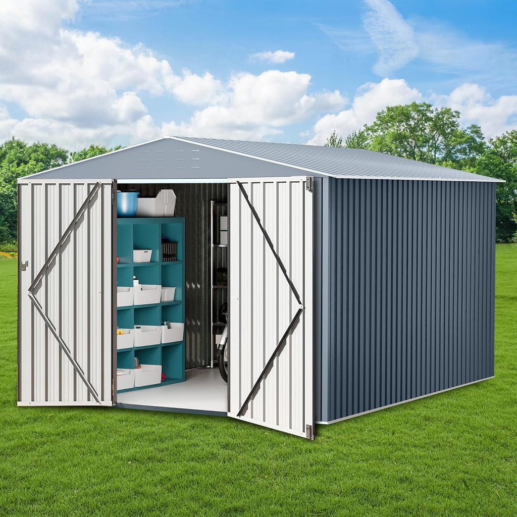 Outdoor Storage Shed 10 X 10 FT, Large Metal Storage Sheds, with Reinforced Sloping Roo, Door Lock, Waterproof, for Backyard, Garden Patio Lawn