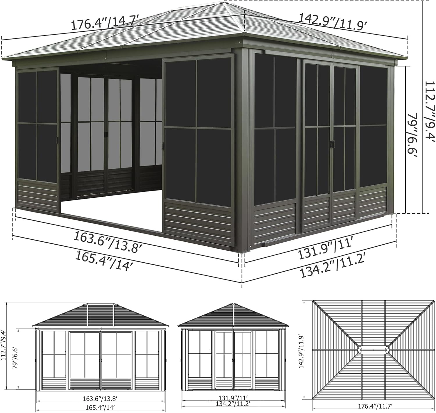 12'(W) x 14'(L) Outdoor Sunroom Aluminum Hardtop Gazebo with Galvanized Steel Roof, PVC Screen Walls and Sliding Door, Black