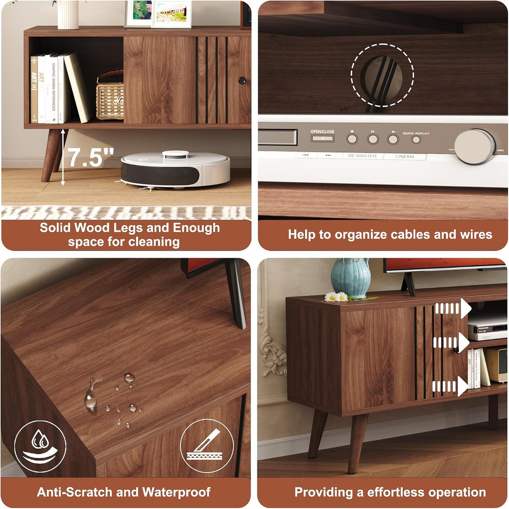HOMEFORT TV Stand for 65/60/55 Inches, Mid-Century Modern TV Stand with Storage,Media Console Table,Entertainment Center with Sliding Door for TVs up to 65',for Bedroom,Living Room (Walnut)