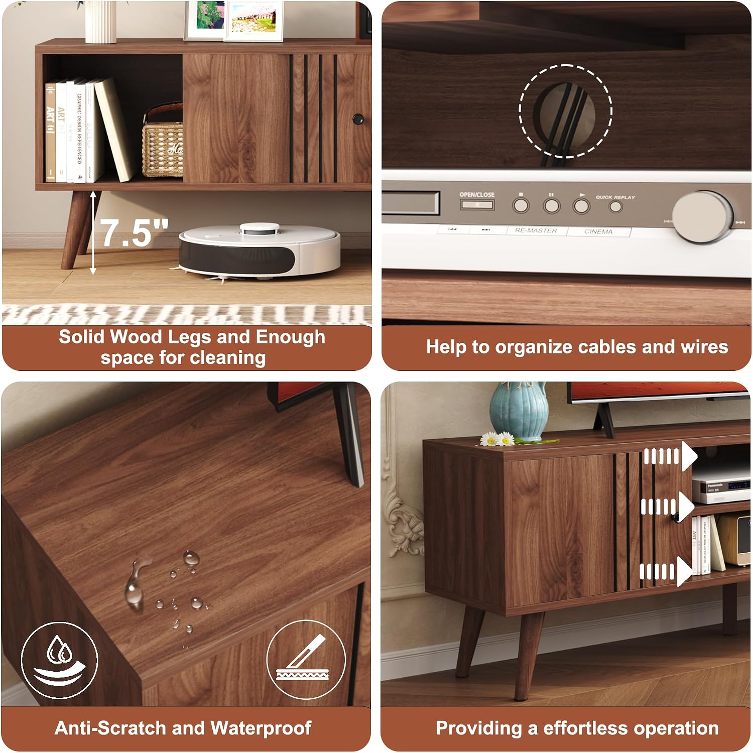 HOMEFORT TV Stand for 65/60/55 Inches, Mid-Century Modern TV Stand with Storage,Media Console Table,Entertainment Center with Sliding Door for TVs up to 65',for Bedroom,Living Room (Walnut)