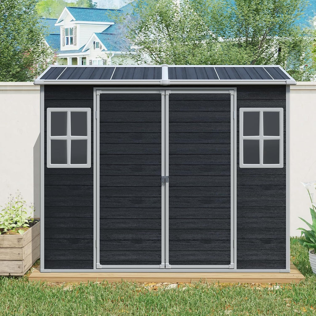 8x4 ft Outdoor Resin Storage Shed with Floor, Waterproof Plastic Garden Shed with Lockable Door and Two Windows, All-Weather Tool Sheds for Backyard, Patio, Lawn (Black)