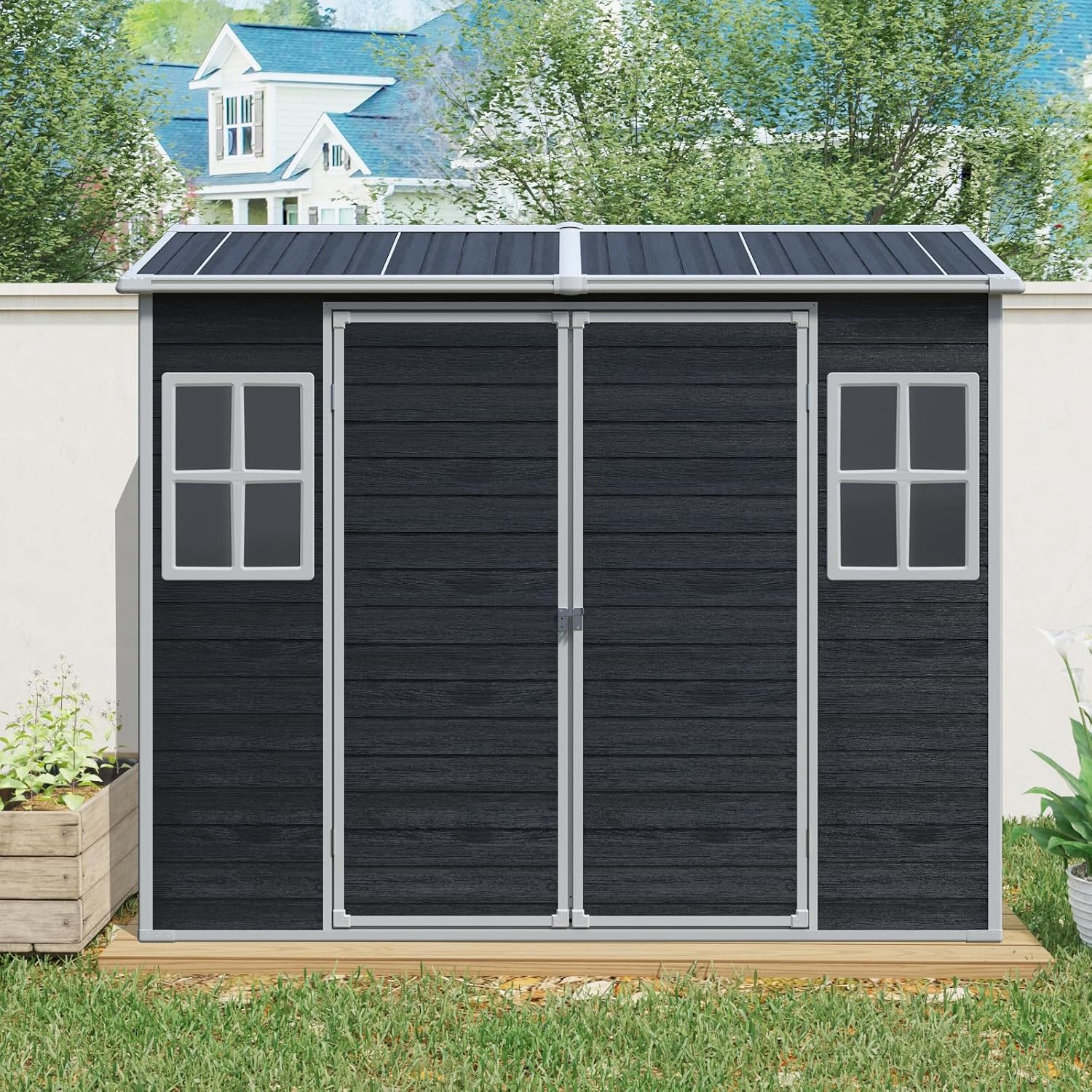 Storage Shed, 4x8ft Outdoor Storage Shed with Floor Included with 2 Windows and Lockable Door, Resin Sheds for House Garden Tools, Bike, Motorcycle, Lawn Mover, Arched Roof, Black