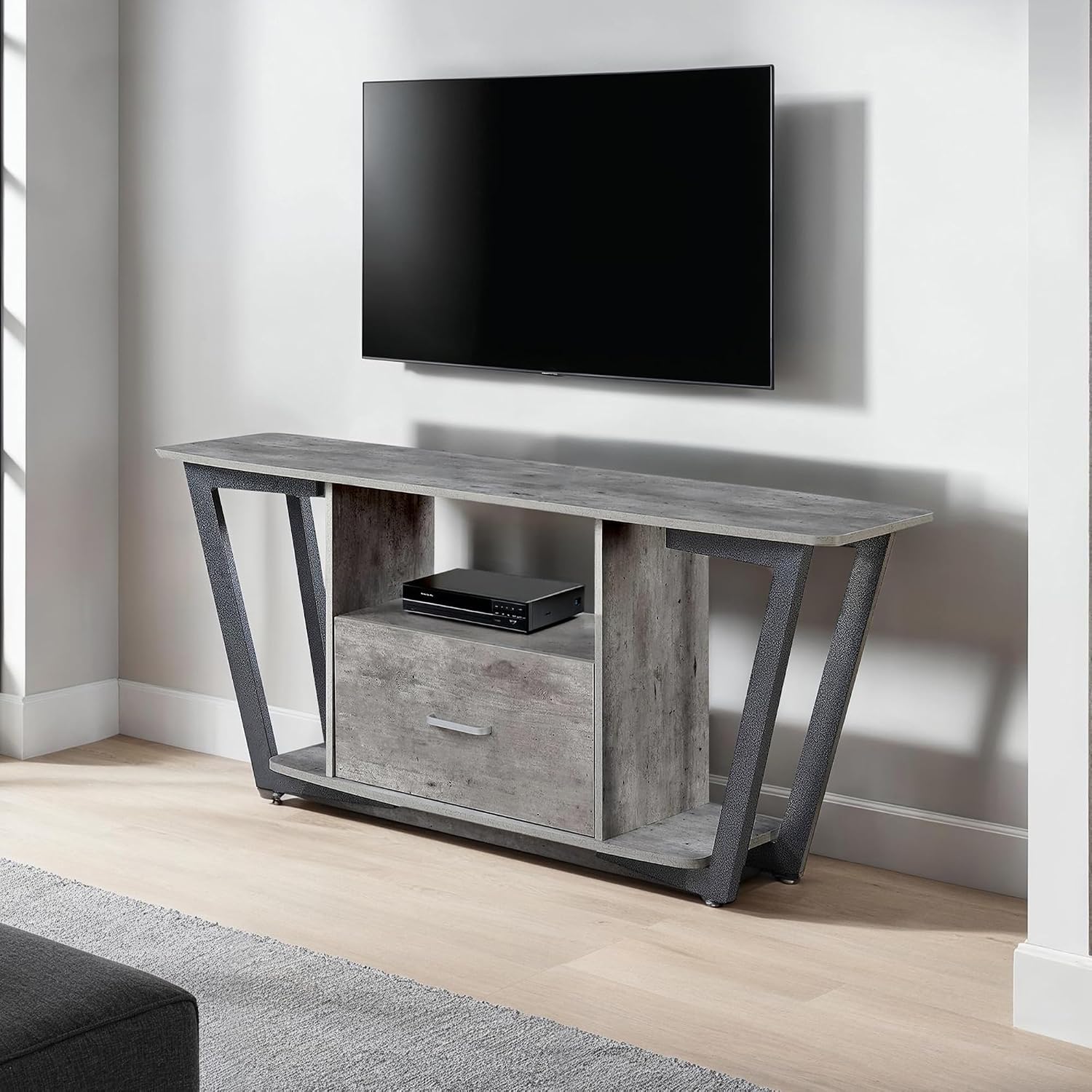 Convenience Concepts Graystone TV Stand 59.25' - Modern Entertainment Center for TVs up to 65', Industrial Media Console with Storage Drawer & Shelves for Living & Family Room, Faux Birch/Slate Gray