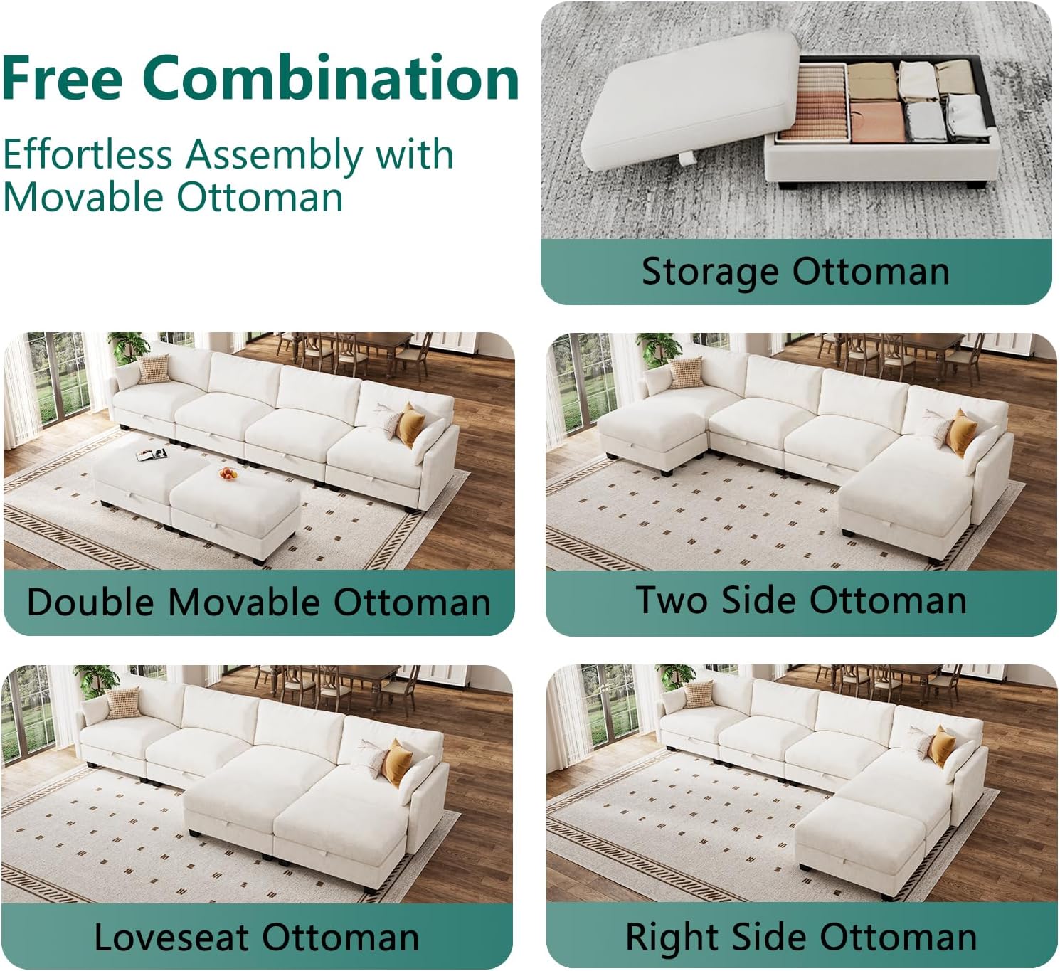 Modular Sectional U Shaped Sofa Couches for Living Room, Cloud Couch with Storage Ottoman, Comfy Chenille Sofa with Pillow, Beige