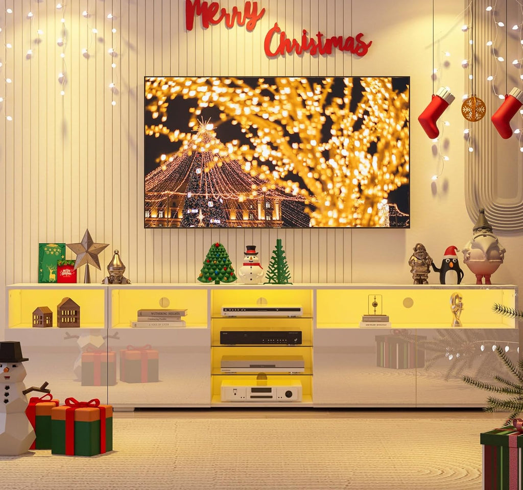 jiteentarou 79IN LED TV Stand for 75/80/85inch TV,High Glossy Modern TV Stand for Living Room,TV Entertainment Center with Adjustable Storage Shelf,RGB LED Lighting,TV Console(White)