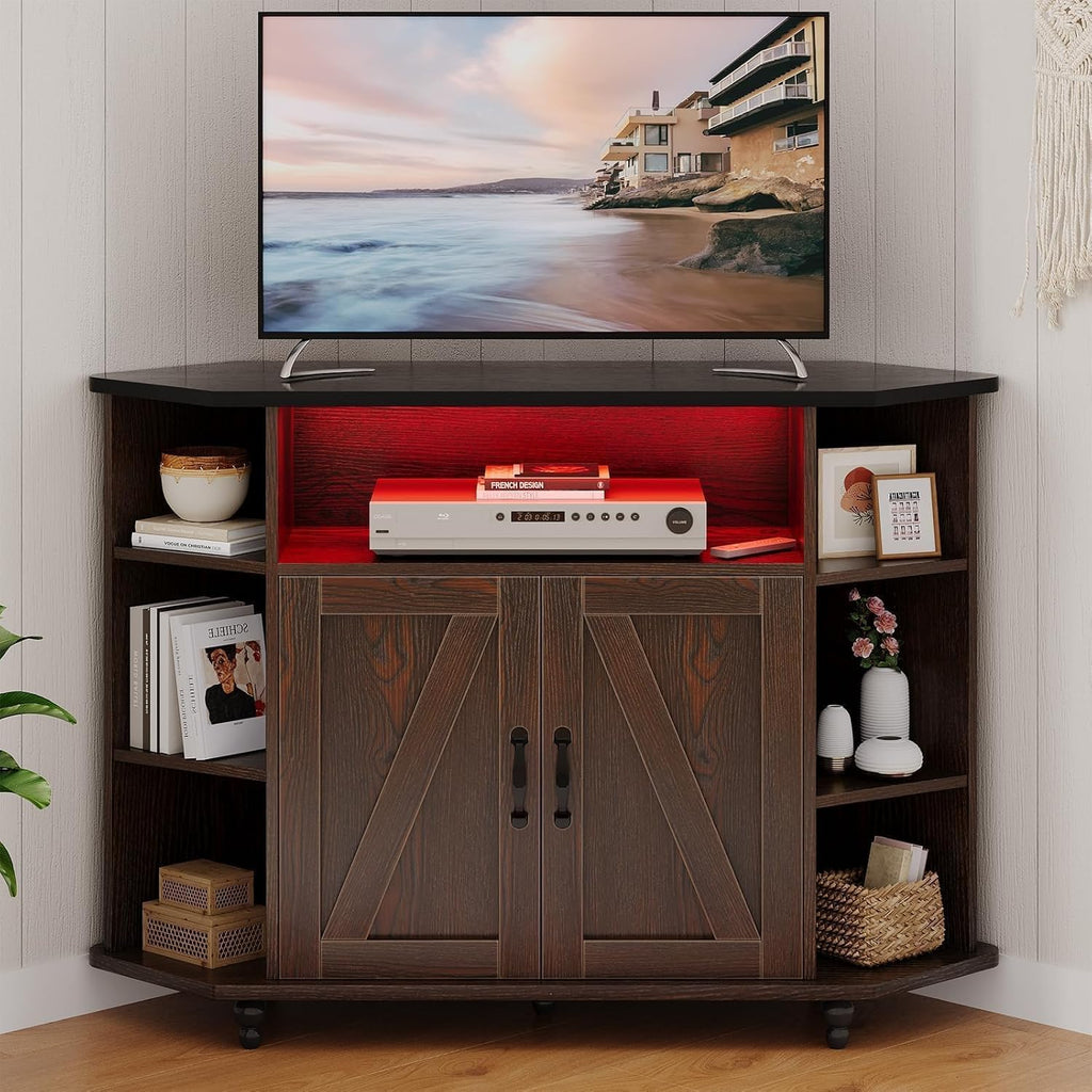 4 EVER WINNER Corner TV Stand, Farmhouse Corner TV Cabinet with LED Lights for 50 Inch, Adjustable Shelves, Corner TV Stand with Storage, Barn Doors for Living Room, Brown and Black