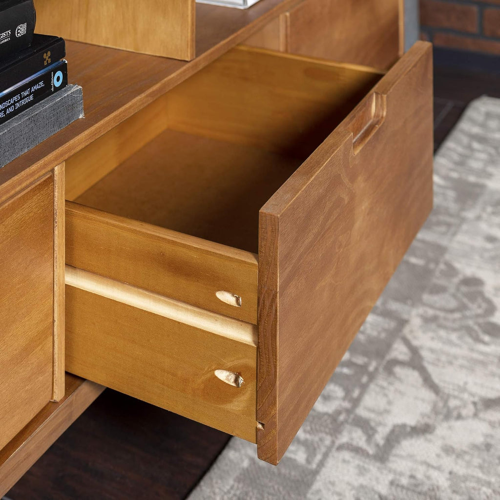 Walker Edison 3-Drawer Mid Century Modern Wood TV Stand for TV's up to 65' Flat Screen Cabinet Door Living Room Storage Entertainment Center, 58 Inch, Caramel
