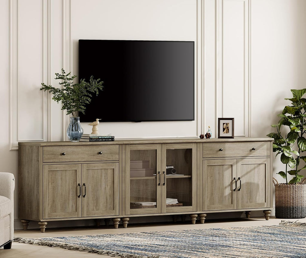 WAMPAT Farmhouse TV Stand for 100 Inch TV, 3-in-1 TV Console Table for 75/80/85/90 Inch TV, Entertainment Center with Glass & Wood Door, Kitchen Sideboard Buffet Cabinet for Dining Room, Wash Grey