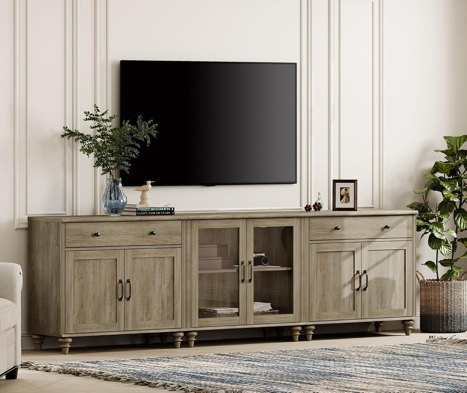 WAMPAT Farmhouse TV Stand for 100 Inch TV, 3-in-1 TV Console Table for 75/80/85/90 Inch TV, Entertainment Center with Glass & Wood Door, Kitchen Sideboard Buffet Cabinet for Dining Room, Wash Grey