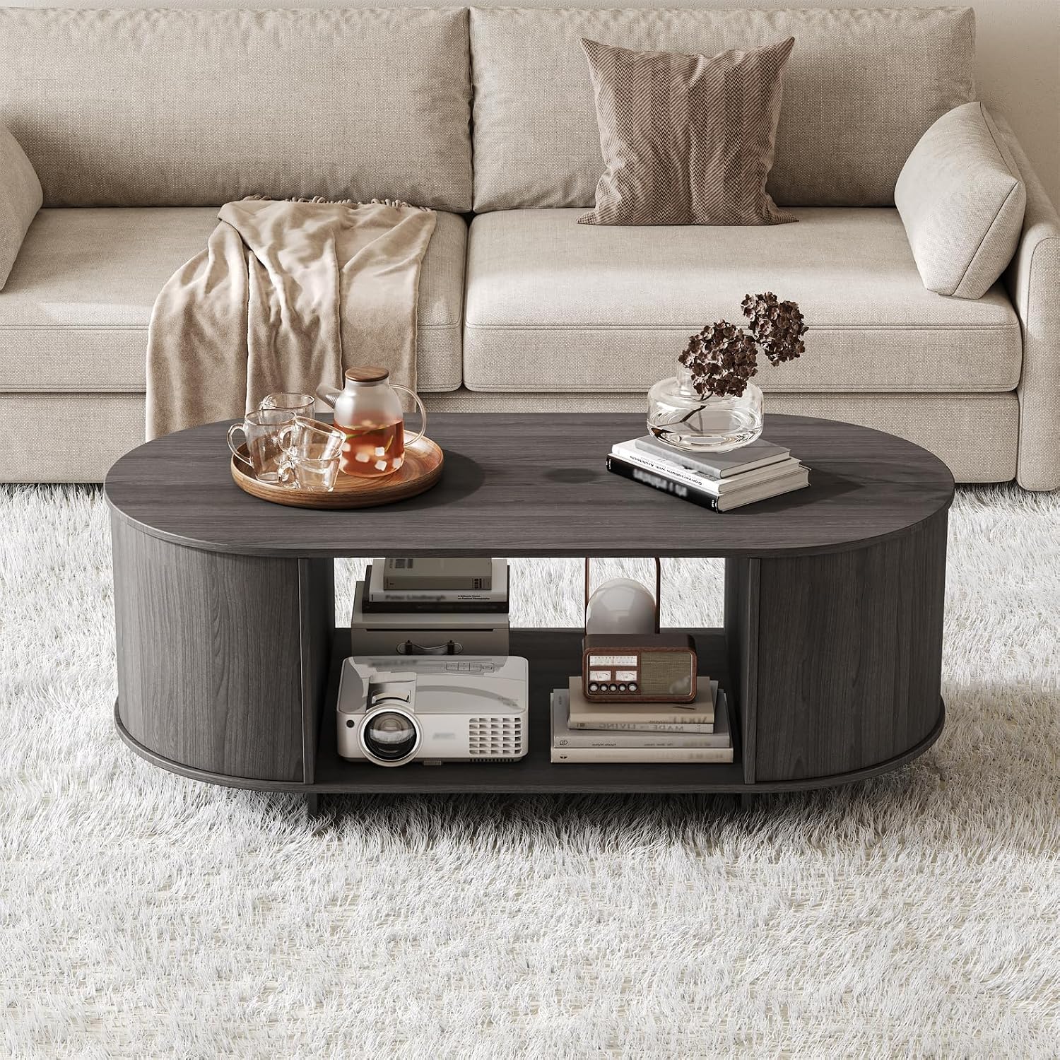 Coffee Table and TV Stand Set of 2,76.4'' Modern TV Console,Entertainment Center with 3 Drawers,Modern Oval Coffee Table with Storage, Wood Center Tables for Living Room, Bedroom, Home Office, Grey