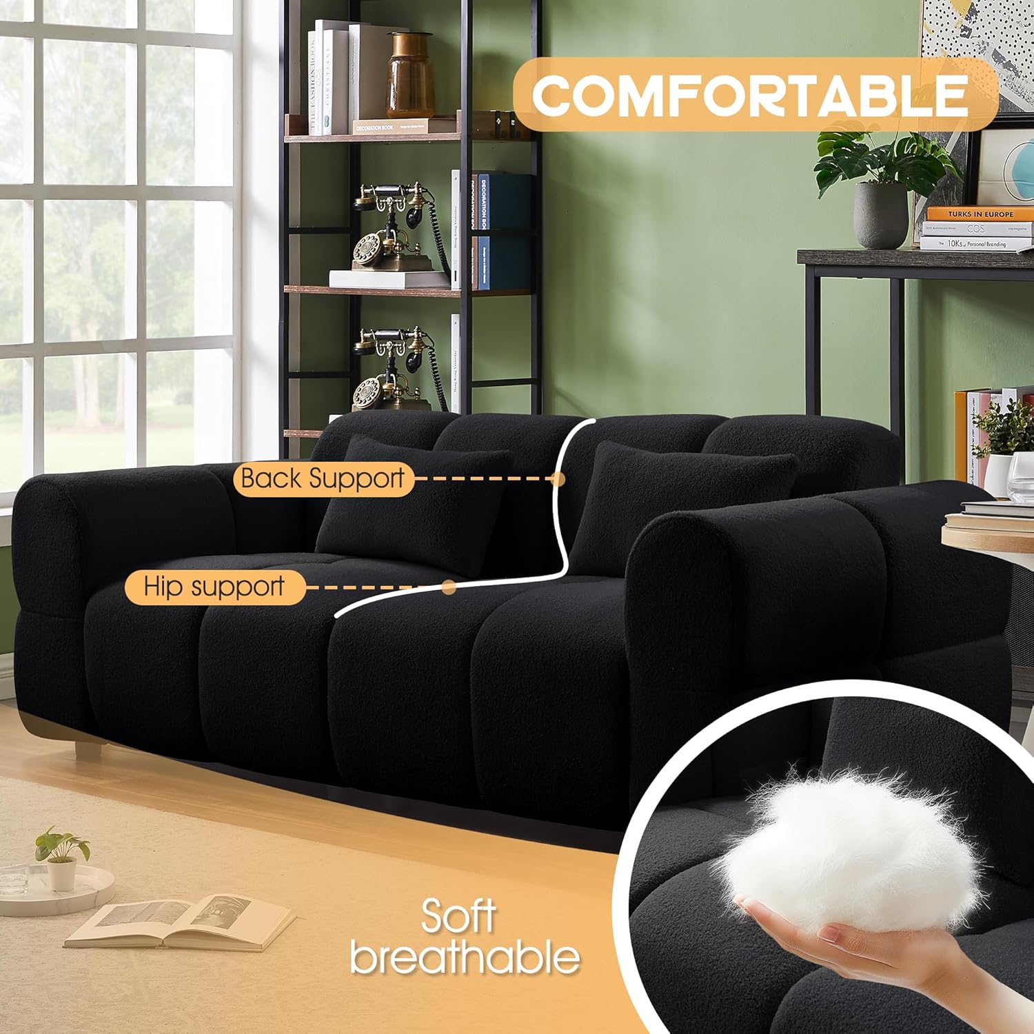 80' Modern Sofa Couch, Comfy Deep Seat Lambswool Cloud Sofa, Upholstered 3-Seater Boucle Couch, Oversized Loveseat for Living Room, Bedroom, Office, Apartment(Black)